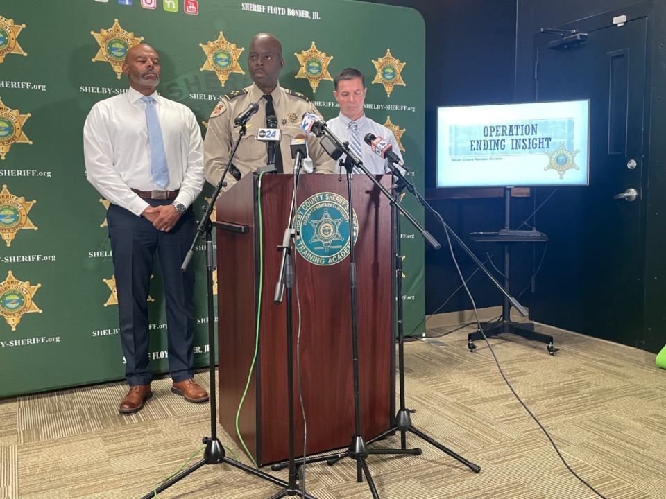 <strong>Shelby County Sheriff's Office Chief Deputy Anthony Buckner announces 16 drug-trafficking arrests made during a nearly two-year operation, Operation Ending Insight. Detectives seized fentanyl, cocaine, marijuana, cash and firearms.</strong> (Julia Baker/The Daily Memphian)