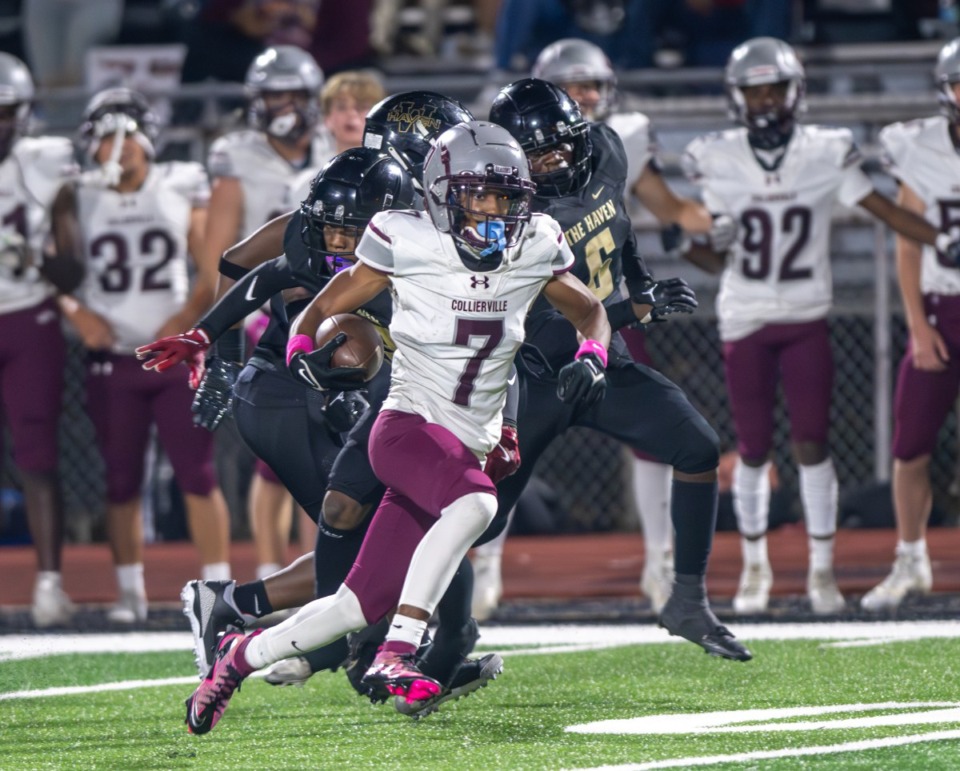 <strong>Collierville's Emanuel Palmer breaks a tackle aftter a reception to score a touchdown on Oct. 25. The Dragons remain undefeated as they go up against Houston Friday night.</strong> (Greg Campbell/The Daily Memphian file)