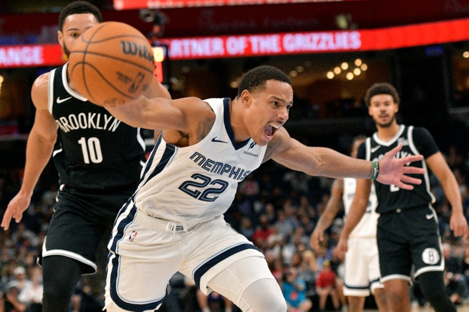 <strong>Memphis Grizzlies guard Desmond Bane (22) loses control of the ball as on Wednesday, Oct. 30, 2024.&nbsp;Brooklyn Nets guard Ben Simmons (10) stands at right.&nbsp;</strong> (Brandon Dill/AP)