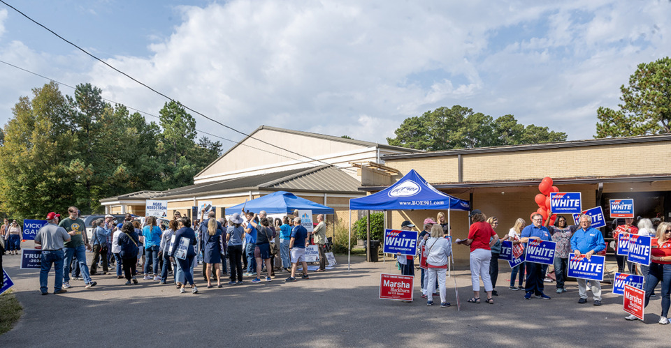 <strong>Hendrell Remus, Chairman of the Tennessee Democratic Party, along with Gloria Johnson, candidate for the U.S. Senate, and Noah Nordstrom, candidate for State House District 83, along with local candidates and Mark White, State Representative for District 83, hold impromptu rallies at New Bethel Baptist Church in Germantown, an early voting site.</strong> (Greg Campbell/Special to The Daily Memphian)