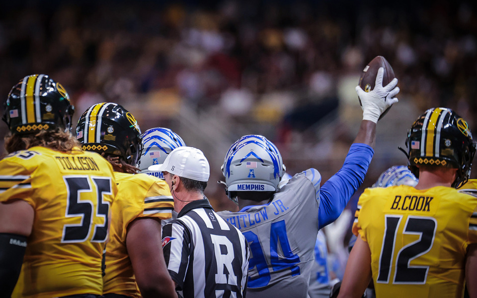 <strong>University of Memphis lineman William Whitlow Jr. (94) comes up with a loose ball during a Sept. 23, 2023, game against the University of Missouri in St. Louis.</strong> (Patrick Lantrip/The Daily Memphian file)