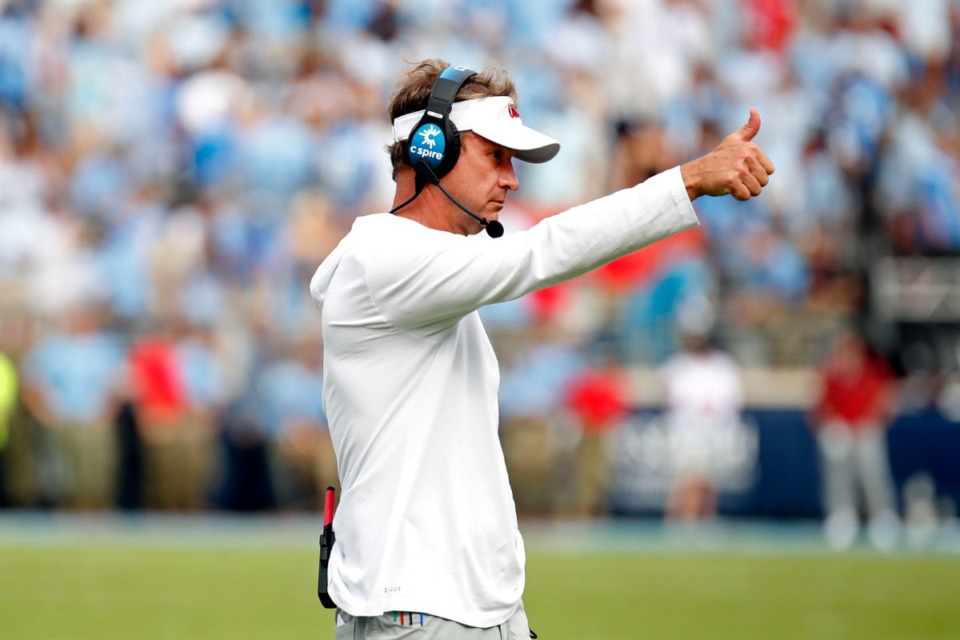 <strong>Mississippi head coach Lane Kiffin signals to players during the second half of an NCAA college football game against the Mississippi, Saturday, Oct. 26, 2024, in Oxford, Miss.</strong> (AP Photo/Sarah Warnock)