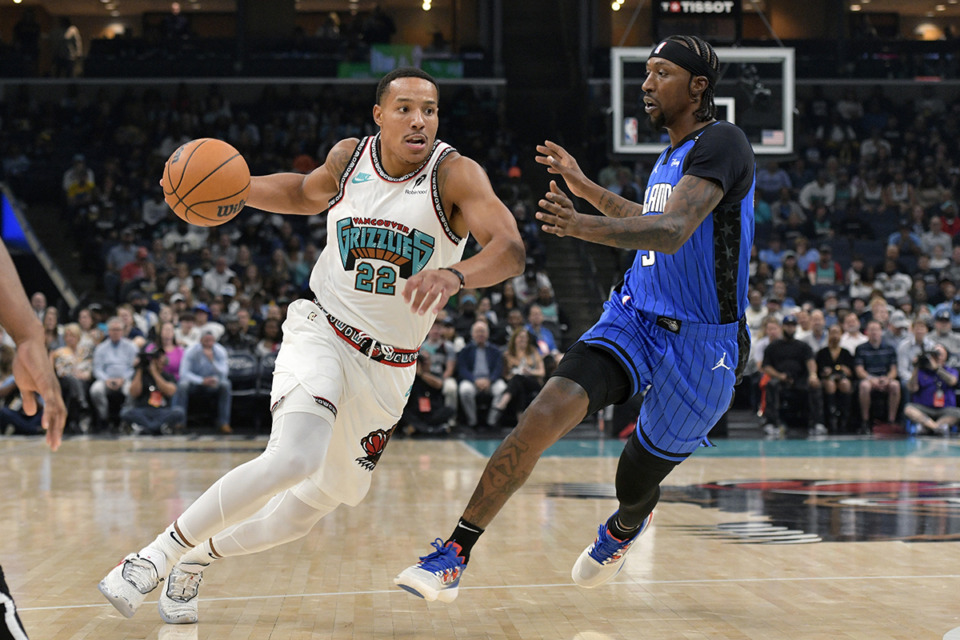 <strong>Memphis Grizzlies guard Desmond Bane (22) handles the ball against Orlando Magic guard Kentavious Caldwell-Pope (3) in the first half of an NBA basketball game Oct. 26 in Memphis.</strong> (Brandon Dill/AP file)