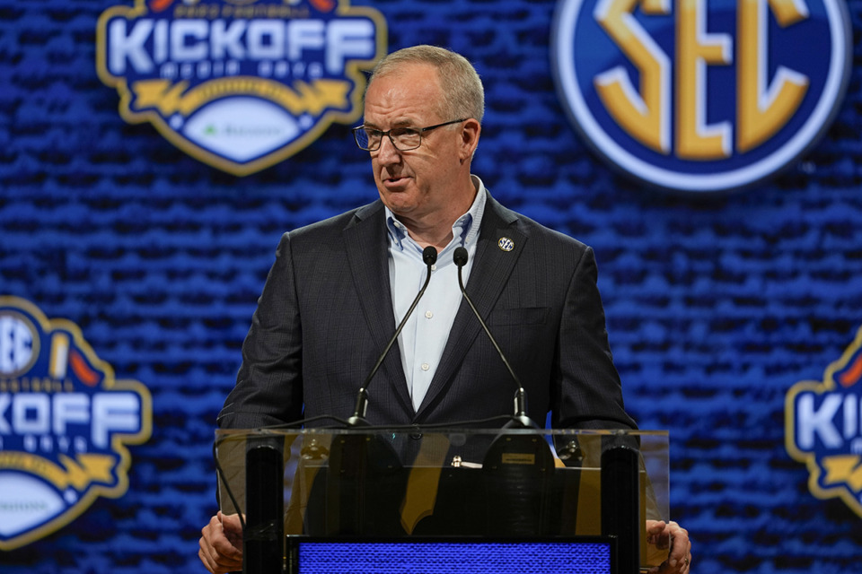 <strong>SEC Commissioner Greg Sankey speaks during the NCAA college football Southeastern Conference Media Days July 17, 2023, in Nashville.</strong> (George Walker IV/AP file)