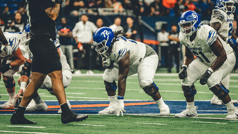 <strong>Memphis offensive lineman Chris Adams (61) and Malachi Breland (72) prepare to block during the Tigers game against UTSA Saturday, Nov. 2, 2024.</strong> (Courtesy Memphis Athletics)