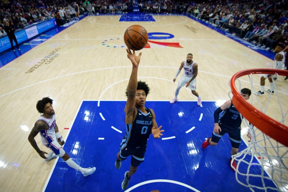 <strong>Memphis Grizzlies' Jaylen Wells (0) goes up for a shot during the first half of an NBA basketball game against the Philadelphia 76ers, Saturday, Nov. 2, 2024, in Philadelphia.</strong> (Matt Slocum/AP)