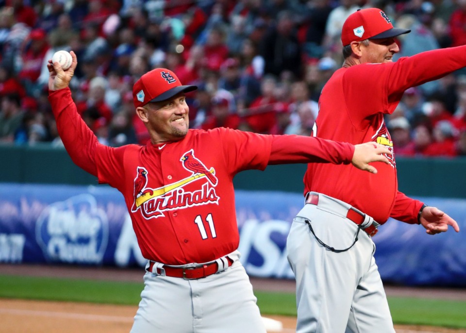 <strong>Then-St. Louis Cardinals first base coach Richard Keith "Stubby" Clapp throws the opening pitch before the Battle of the Birds game on March 25, 2019 at AutoZone Park.</strong> (Houston Cofield/Daily Memphian)