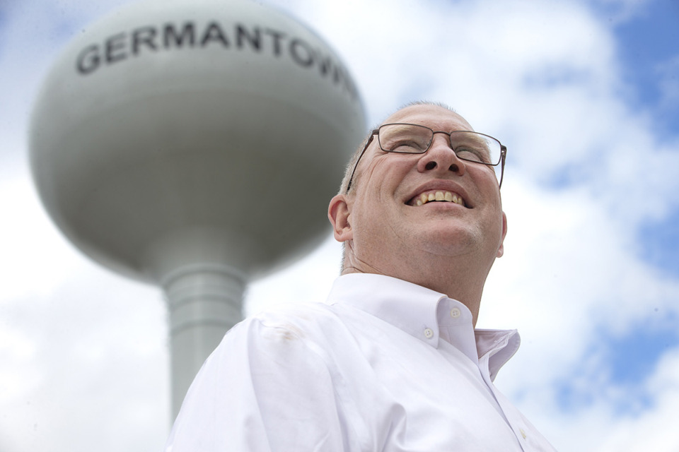 <strong>Germantown celebrates its new water tower by dedicating the structure to Germantown Public Works Director Bo Mills.</strong> (Ziggy Mack/Special to The Daily Memphian)