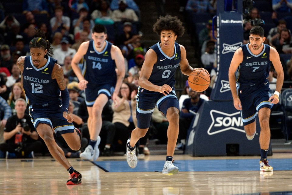 <strong>Pleasant surprises for the Memphis Grizzlies this season include forward Jaylen Wells (0, with ball) and forward Santi Aldama (7, right). Running alongside are starters Ja Morant (12, left) and center Zach Edey (14, second from left).</strong> (Brandon Dill/AP file)