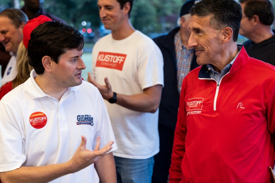 <strong>John Gillespie (left) talks with David Kustoff (right) at the end of the Republican bus campaign in Germantown on Monday, Nov. 4, 2024.&nbsp;</strong>(Brad Vest/Special to The Daily Memphian)