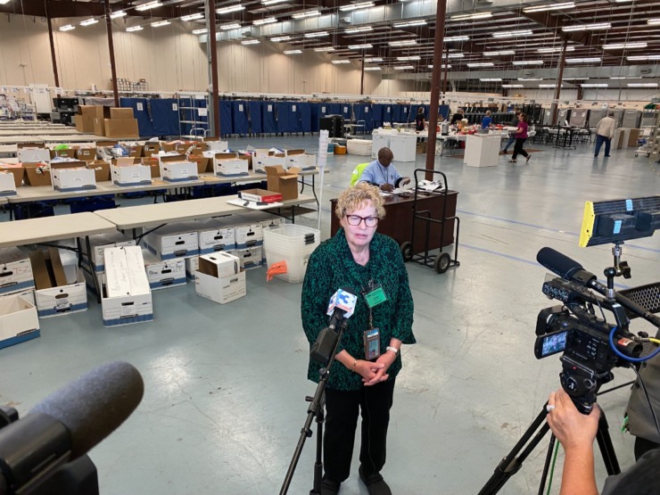 <strong>Shelby County Elections Administrator Linda Phillips says a hard rain Tuesday evening likely dried up hopes of six-figure election day turnout in Shelby County.</strong> (Bill Dries/Daily Memphian)