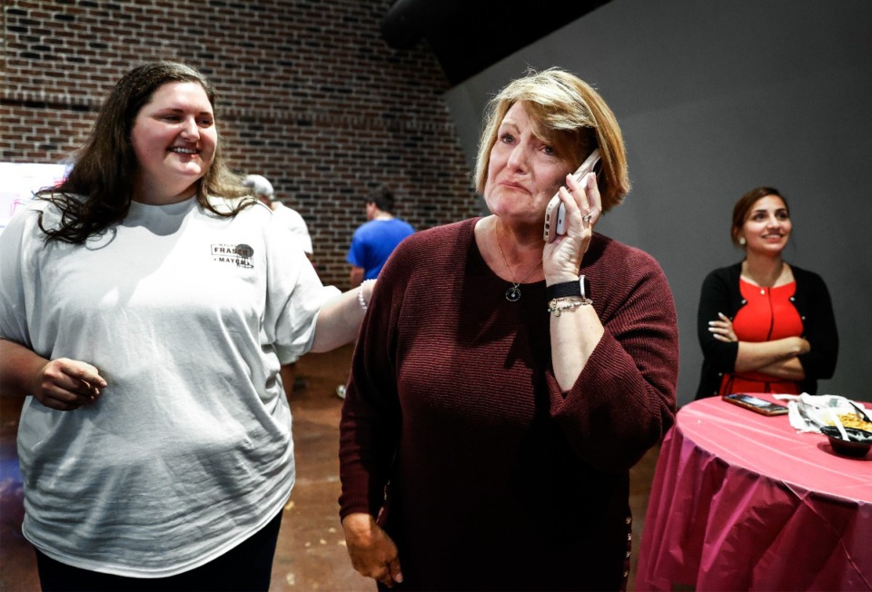 <strong>As daughter Brittany Fraser (right) looks on, new Collierville Mayor Maureen Fraser sheds tears after defeating Billy Patton on Tuesday, Nov. 5, 2024.</strong> (Mark Weber/The Daily Memphian)