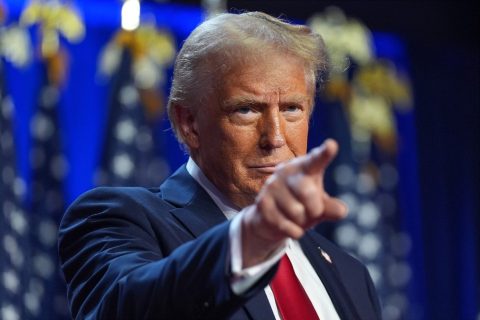 <strong>Republican presidential nominee former President Donald Trump arrives at an election night watch party at the Palm Beach Convention Center, Wednesday, Nov. 6, 2024, in West Palm Beach, Fla.</strong> (AP Photo/Evan Vucci)