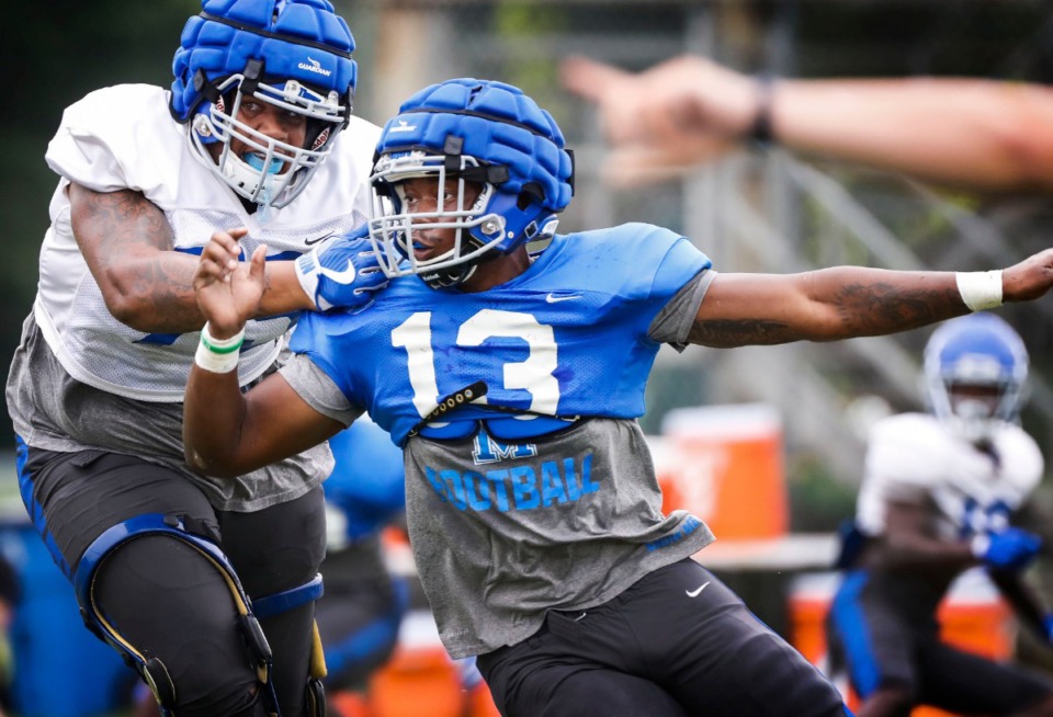<strong>University of Memphis defensive lineman Jalil Clemons (13) rushes by teammate Matt Dale during practice Friday, Aug. 23.&nbsp;<span class="s1">&ldquo;I&rsquo;ve been working to do this my whole life,&rdquo; Clemons said. &ldquo;I come in and give a 100% effort every day. Try to get 1% better every day.&rdquo;</span></strong> (Mark Weber/Daily Memphian)