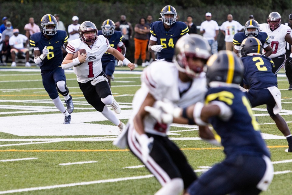 <strong>MASE&rsquo;s Brody Whittaker runs with the ball during Friday's high school football game of the week between MASE and Lausanne at Lausanne.</strong> (Brad Vest/Special to The Daily Memphian file)