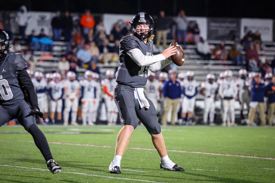 <strong>Houston Mustangs Quarterback Chandler Day (15) during the playoff game between Dickson County and the Houston Mustangs on Friday, Nov. 3, 2023.</strong> (Wes Hale/ Special to The Daily Memphian file)