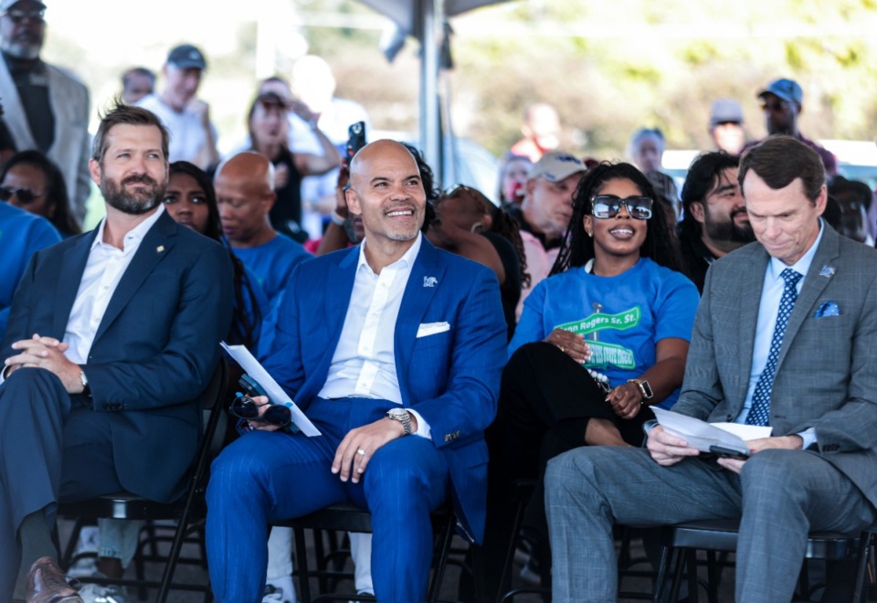 <strong>University of Memphis atheltic director Ed Scott (center) attends a street naming ceremony for former U of M football player Glenn Rogers Sr. Oct. 25, 2024.</strong> (Patrick Lantrip/The Daily Memphian)