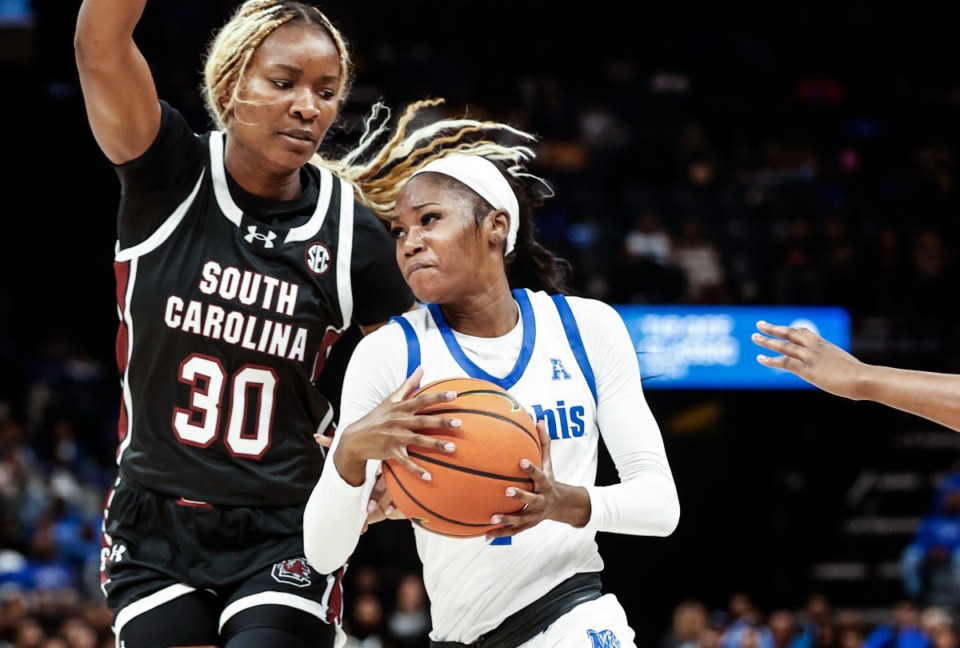 <strong>University of Memphis guard Tilly Boler (right), seen here Oct. 15, led the Tigers with 23 points against Mississippi State.</strong> (Mark Weber/The Daily Memphian file)