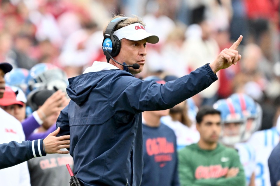 <strong>Mississippi coach Lane Kiffin on the sidelines against Arkansas during an NCAA college football game Saturday, Nov. 2, 2024, in Fayetteville, Ark.</strong> (AP Photo/Michael Woods)