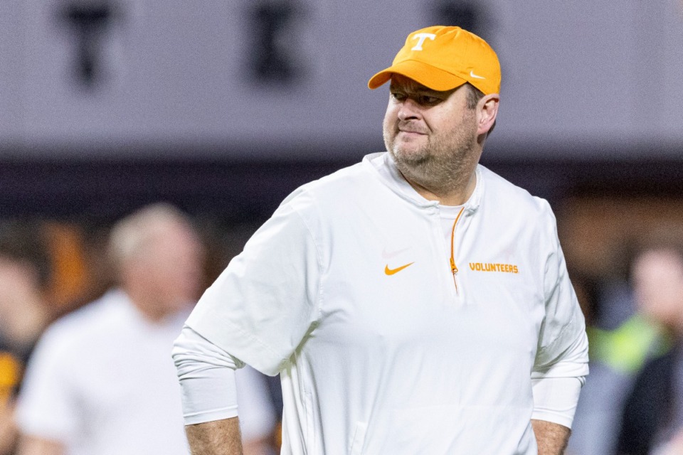 <strong>Tennessee head coach Josh Heupel watches his players warmup before an NCAA college football game against Kentucky, Saturday, Nov. 2, 2024, in Knoxville, Tenn.</strong> (AP Photo/Wade Payne)