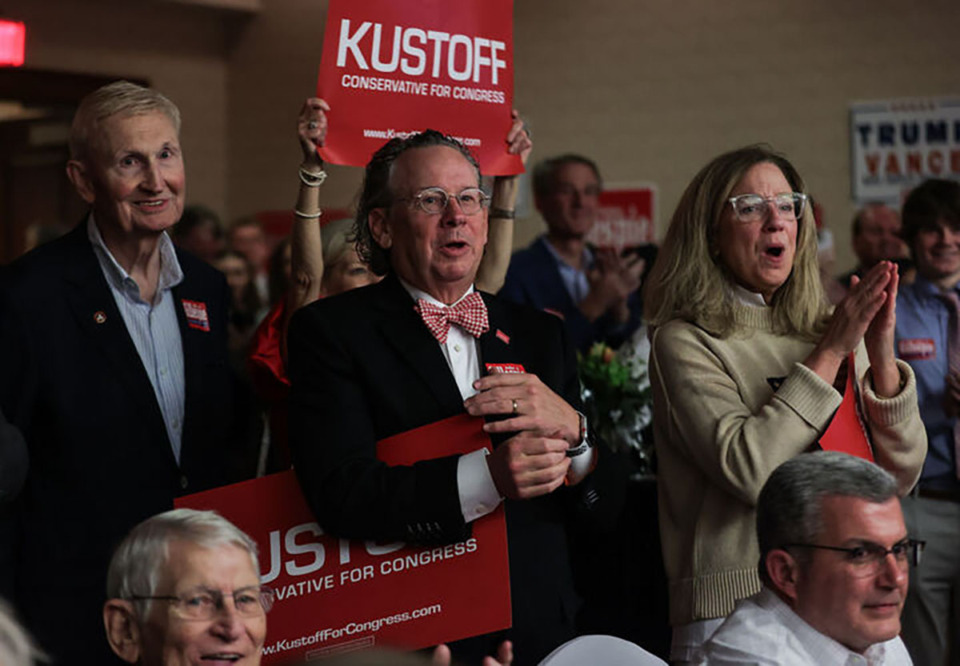 <strong>Jeff and Emily McEvoy (right) cheer for U.S. Rep David Kustoff as he takes the stage at the Marriott East after the Associated Press declared him the winner of Tennessee&rsquo;s 8th Congressional District Nov. 5.</strong> (Patrick Lantrip/The Daily Memphian)