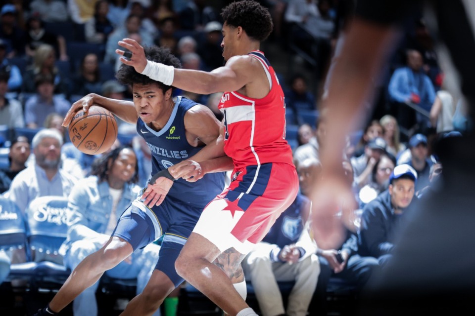 <strong>Memphis Grizzlies forward Jaylen Wells (0) drives to the basket on Nov. 8, 2024, against the Washington Wizards.</strong> (Patrick Lantrip/The Daily Memphian)