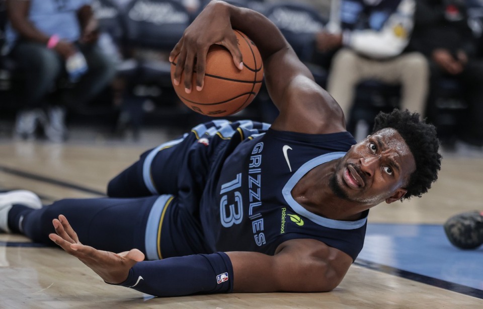 <strong>Memphis Grizzlies forward Jaren Jackson Jr. (13) looks for a call after a hard block during the Nov. 8, 2024, game against the Washington Wizards.</strong> (Patrick Lantrip/The Daily Memphian)