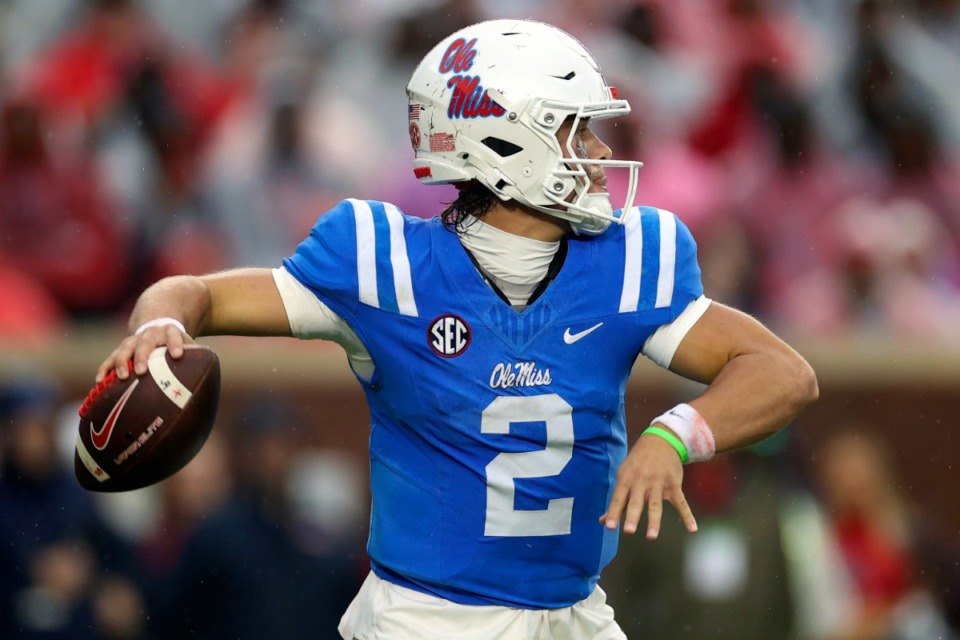 <strong>Mississippi quarterback Jaxson Dart (2) throws a pass during the first half of an NCAA college football game against Georgia, Saturday, Nov. 9, 2024, in Oxford, Miss.</strong> (Randy J. Williams/AP)