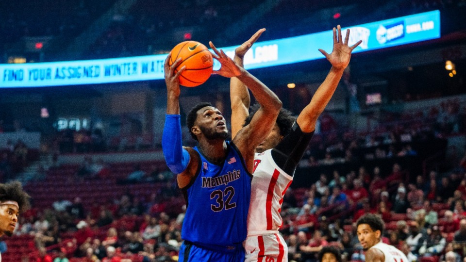 <strong>Memphis Tigers&rsquo; Moussa Cisse shoots court during action against UNLV Saturday in Las Vegas.</strong>&nbsp;(Memphis Athletics/Zach Wall)