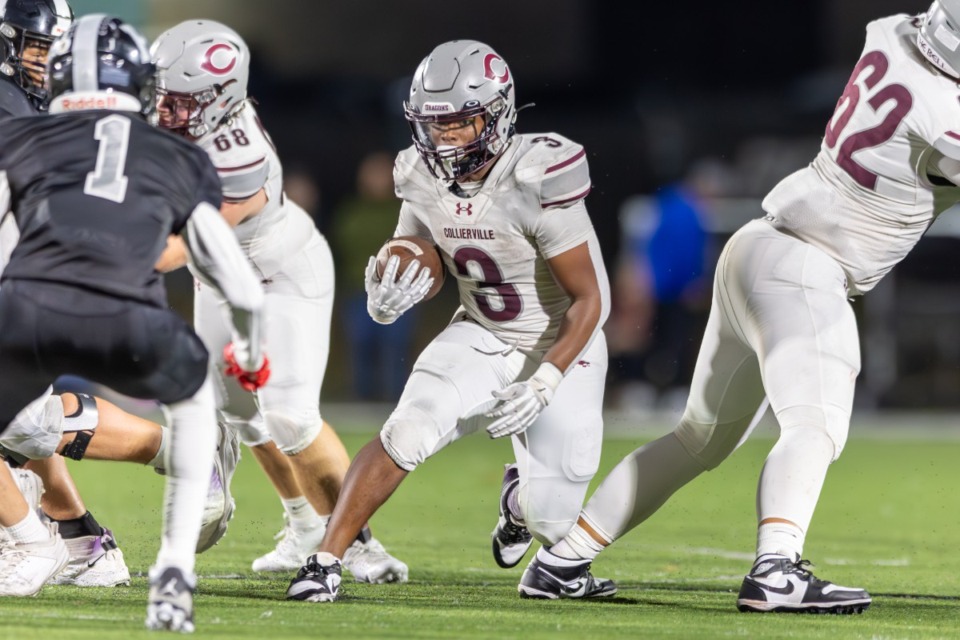 <strong>Collierville Dragons running back John Hampton (3) runs with the ball against the Houston Mustangs at Houston High School on Friday, Nov. 1, 2024.</strong> (Wes Hale/Special to the Daily Memphian)