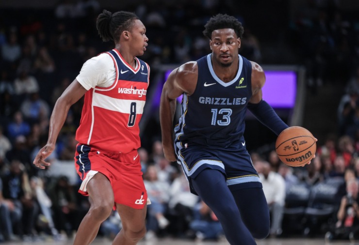 Memphis Grizzlies forward Jaren Jackson Jr. (13) brings the ball up the court during a Nov. 8, 2024 game against the Washington Wizards. (Patrick Lantrip/The Daily Memphian)