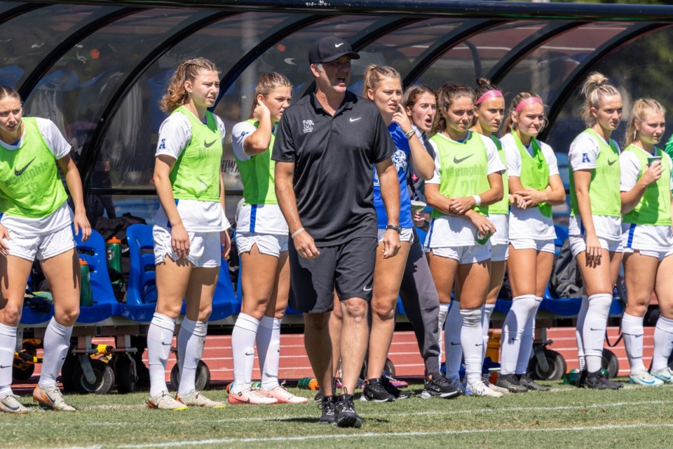 <strong>Memphis Tigers head women&rsquo;s soccer coach Brooks Monaghan (middle) and his team, seen here in September, were not invited to the 2024 NCAA Tournament.</strong> (Wes Hale/The Daily Memphian file)