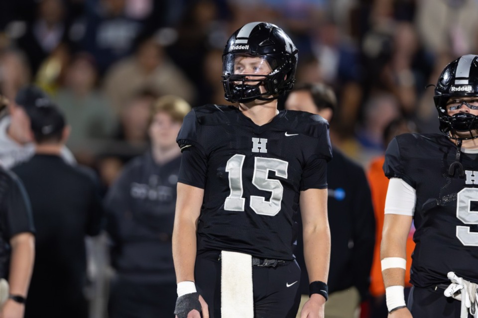 <strong>Chandler Day (15) of the Houston Mustangs look on before the game against the Collierville Dragons at Houston High School on Friday, Nov. 1, 2024.</strong> (Wes Hale/Special to the Daily Memphian)