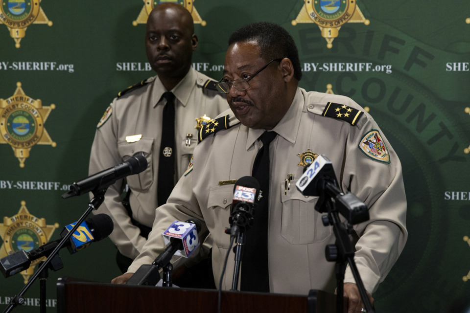 <strong>Shelby County Sheriff Floyd Bonner Jr., right, speaks during a press conference about two corrections deputies that were arrested for smuggling drugs into jail.</strong> (Brad Vest/Special to The Daily Memphian)