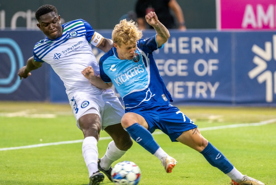 <strong>Memphis 901 FC's Dylan Borczak fights for control of the ball in September at AutoZone Park.</strong> (Greg Campbell/The Daily Memphian file)