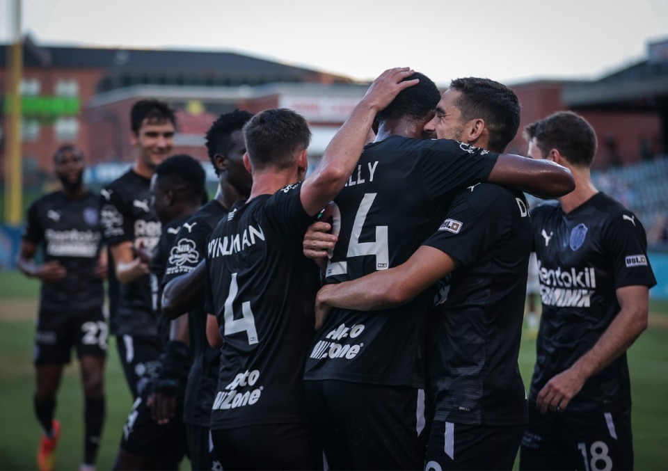 <strong>Memphis 901 FC midfielder Rodrigo da Costa (10) celebrates with teammates after a goal during a June 21, 2023 game against Tulsa.</strong> (Patrick Lantrip/The Daily Memphian file)