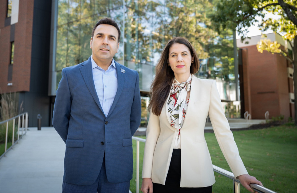 <strong>Maryam Karimi (right), research director and an associate professor at the University of Memphis School of Public Health, and Rouzbeh Nazari (left), chair and professor in the university's department of civil engineering. The colleagues have received an National Institutes of Health grant to support the development of their wearable device for patients with COPD.</strong> (Courtesy University of Memphis)