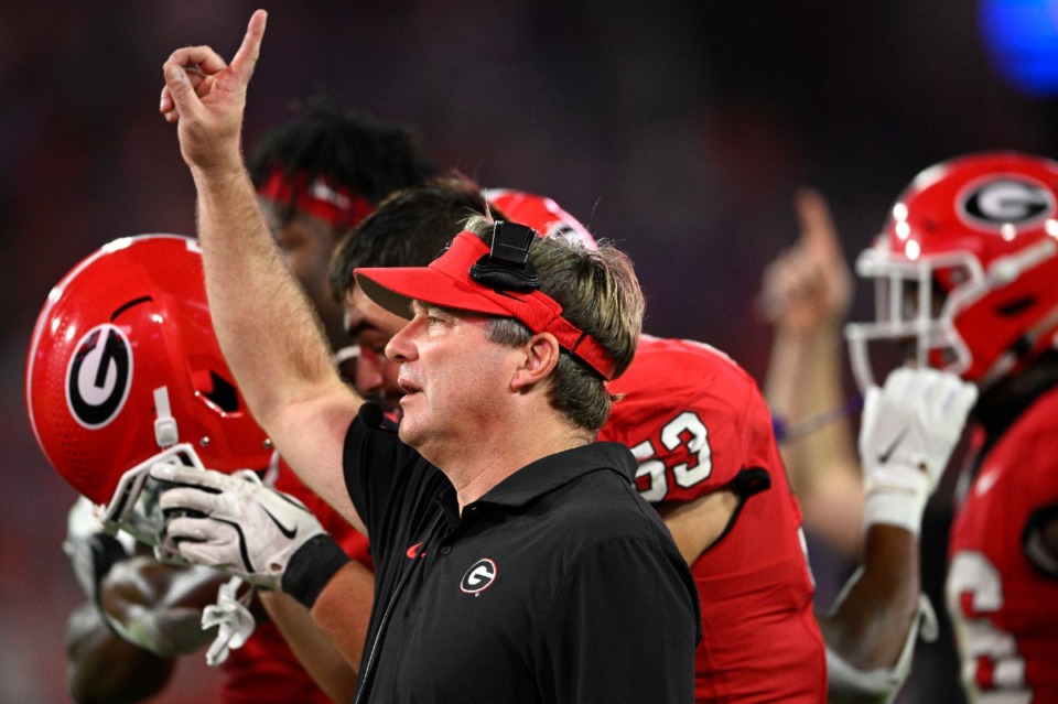 <strong>Georgia head coach Kirby Smart signals from the sideline during the second half of an NCAA college football game against Florida, Saturday, Nov. 2, 2024, in Jacksonville, Fla.</strong> (AP Photo/Phelan M. Ebenhack)