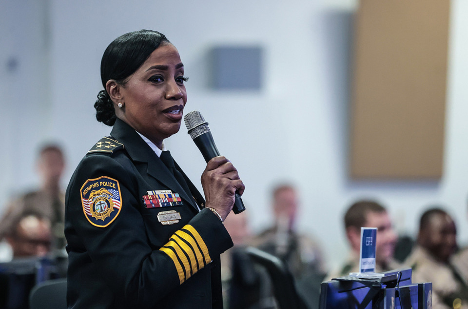 <strong>Memphis Police Department Interim Chief C.J. Davis asks Tennessee Gov. Bill Lee a question while in Memphis Sept. 19.</strong> (Patrick Lantrip/The Daily Memphian file)