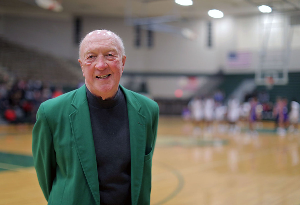 <strong>In a Nov. 23, 2019 photo, Coach Terry Tippett stands on the White Station High basketball court that bears his name. Tippett died Saturday, Nov. 16.</strong> (Patrick Lantrip/Daily Memphian)