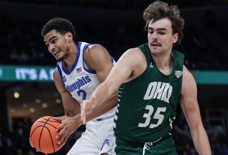 <strong>University of Memphis forward Nicholas Jourdain (2) grabs a rebound during the Nov. 15, 2024, game against Ohio University.</strong> (Patrick Lantrip/The Daily Memphian)