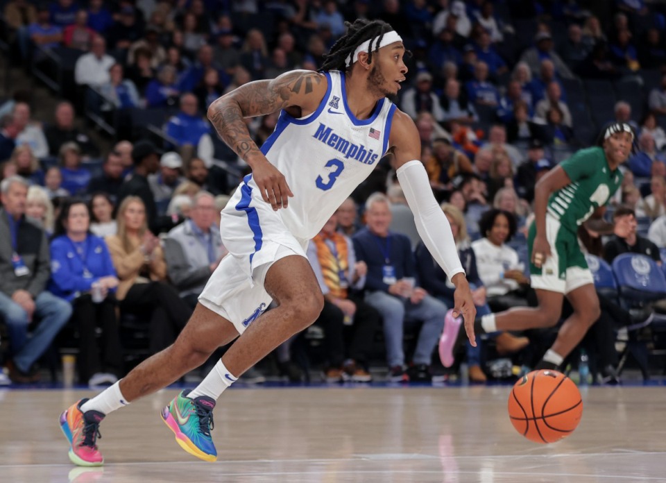 <strong>Colby Rogers (3) brings the ball up the court for the University of Memphis&nbsp; during the Nov. 15, 2024, game against Ohio University.</strong> (Patrick Lantrip/The Daily Memphian)