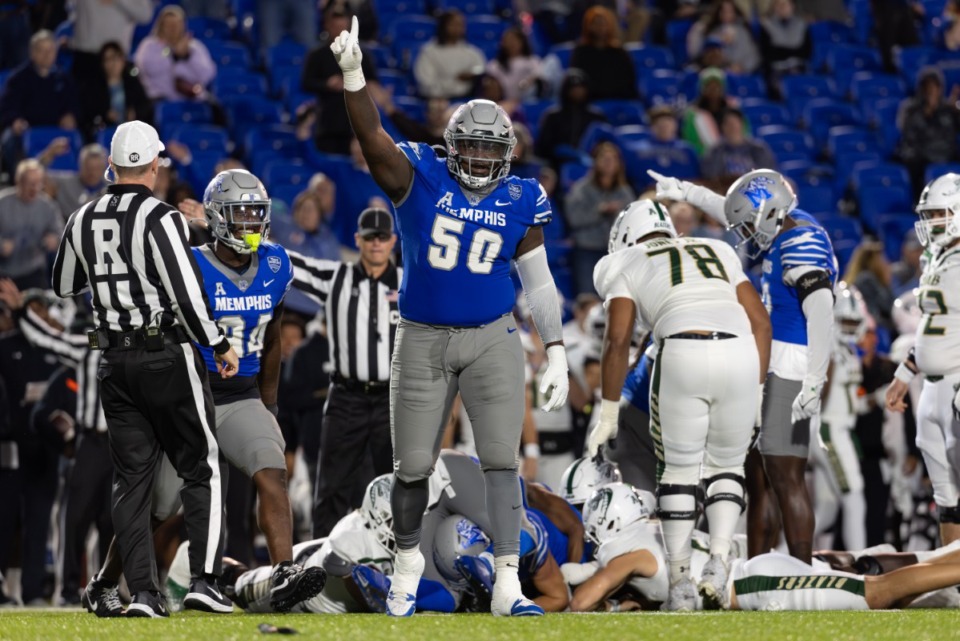 <strong>Memphis Tiger defensive lineman Patrick Lucas Jr. (50) celebrates after causing a fumble against the UAB Blazers during the first half on Nov 16, 2024 at Simmons Bank Liberty Stadium.</strong> (Wes Hale/Special to The Daily Memphian)