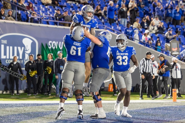 <strong>Memphis Tiger tight end Anthony Landphere (82) and Chris Adams (61) celebrate a touchdown against the UAB Blazers during the second half on Nov. 16, 2024 at Simmons Bank Liberty Stadium.</strong> (Wes Hale/Special to The Daily Memphian)