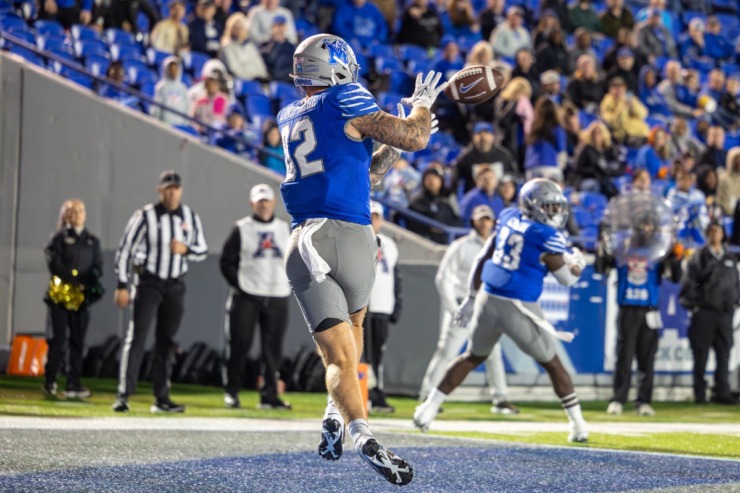 <strong>Memphis Tiger tight end Anthony Landphere (82) catches a touchdown pass against the UAB Blazers during the second half on Nov. 16, 2024 at Simmons Bank Liberty Stadium.</strong> (Wes Hale/Special to The Daily Memphian)