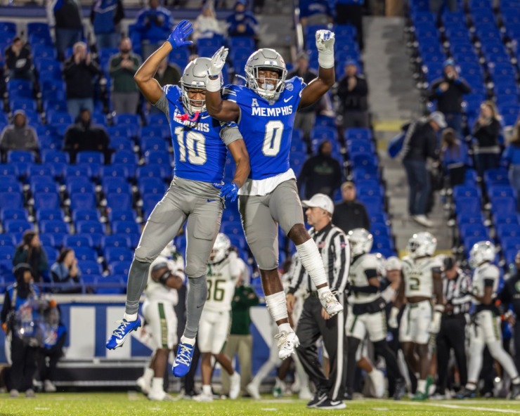 <strong>Defensive back AJ Watts (10) and Memphis Tiger defensive back Kourtlan Marsh (0) celebrate during the second half against the UAB Blazers on Nov. 16, 2024 at Simmons Bank Liberty Stadium</strong>. (Wes Hale/Special to The Daily Memphian)