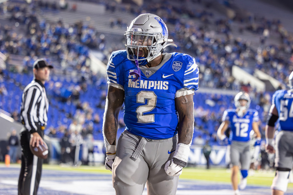 <strong>Memphis Tigers running back Mario Anderson (2) celebrates a touchdown against UAB on Saturday night.</strong> (Wes Hale/Special to the Daily Memphian)