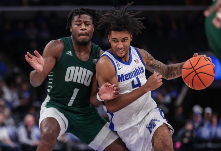 University of Memphis PJ Haggerty (4) drives to the basket during a Nov. 15, 2024 game against Ohio University. (Patrick Lantrip/The Daily Memphian)