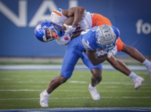 <strong>University of Memphis defensive back An'Darius Coffey (10) puts a hard hit on Boise State receiver Billy Bowens (18) in 2023. Boise State remains the top-ranked Group of Five team.&nbsp;</strong>(Patrick Lantrip/The Daily Memphian file)