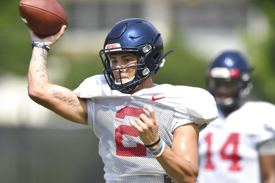 <strong>Despite appearing as a redshirt freshman in the program, quarterback Matt Corral (2) has some college experience already, thanks to the "four game rule."</strong> (Bruce Newman/Oxford Eagle via AP)